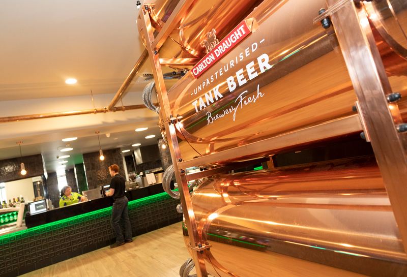 The bar at Raiders Gungahlin, with its copper Carlton Draught tank beer